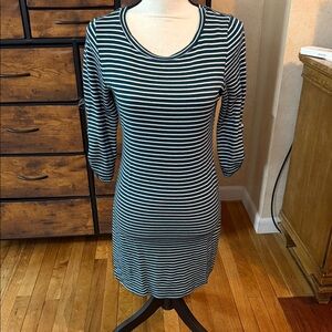 Everly Green and White Striped 3/4 Sleeve Dress